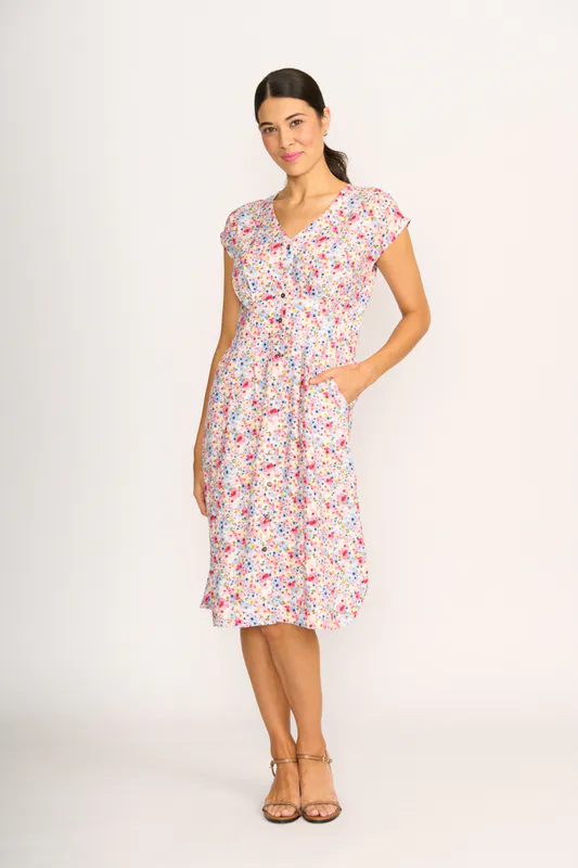 Model wearing Romantic Blooms Contrast Facing Shift Dress By Preen Available at Beetees Nelson