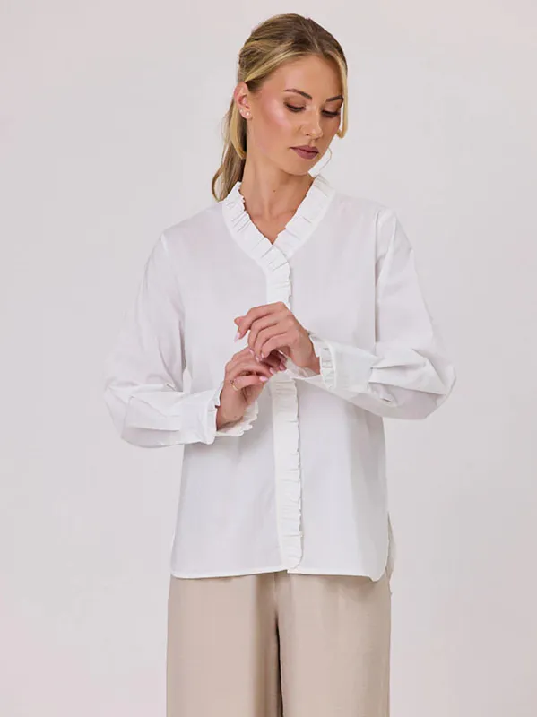 Model wearing White Affirm Shirt By Navy & Co. Available at Beetees Nelson