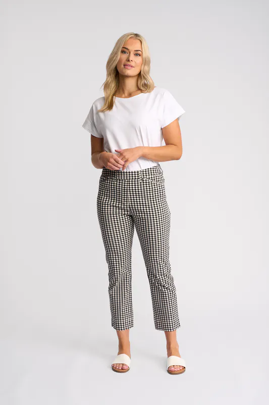 Model wearing Black Gingham Tint Pull On Available at Beetees Nelson