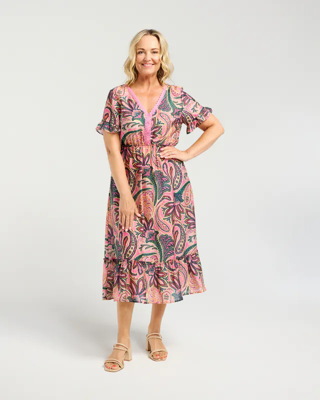 Model wearing Pink Paisley Georgia Dress By Zafina Available at Beetees Nelson