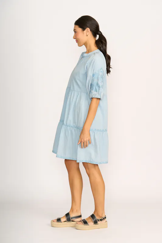 Model wearing Blue Embroidered Tiered Dress By Foil Available at Beetees Nelson