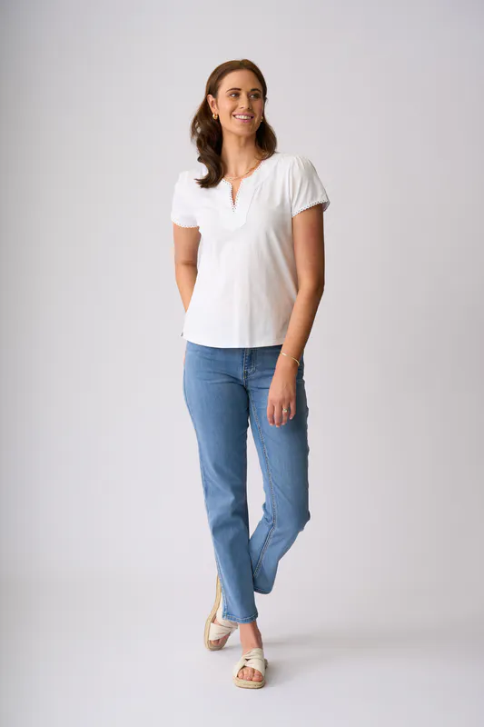 Model wearing White Stripe Waiheke Top By Charlie Jane Available at Beetees Nelson