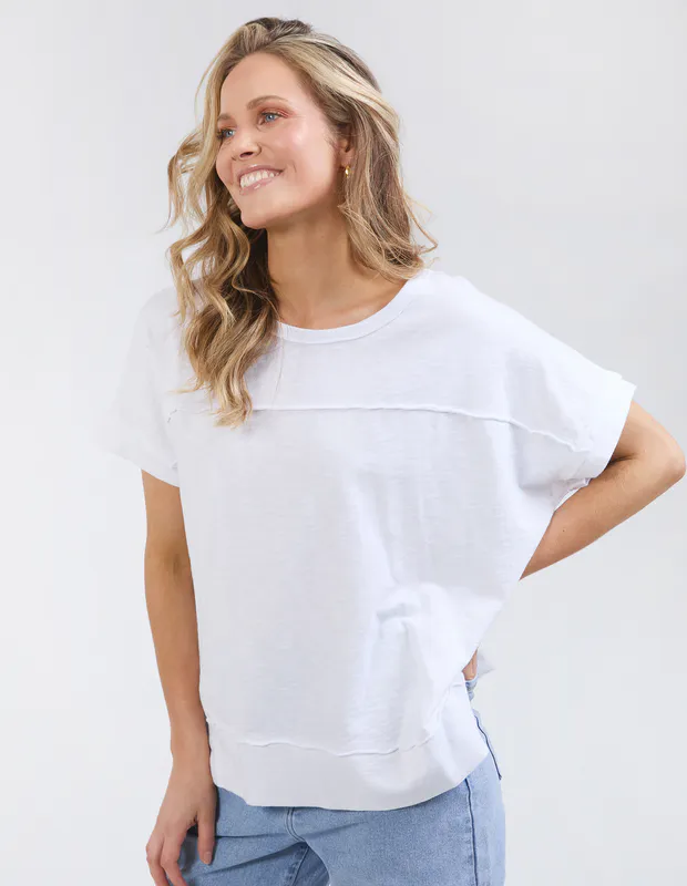 Model wearing white Allison Tee By Foxwood Available at Beetees Nelson