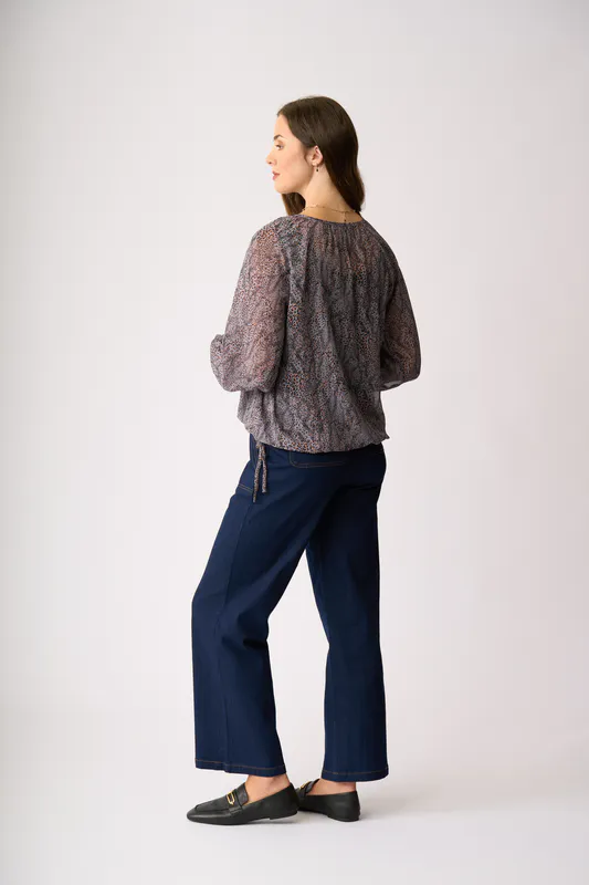 Model wearing Shadow Leopard Drawcord Hem Blouse By Memo Available at Beetees Nelson