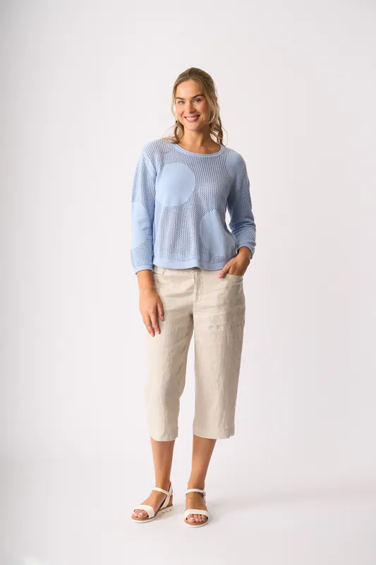 Model wearing Sky Blue Spotted Sweater By Foil Available at Beetees Nelson