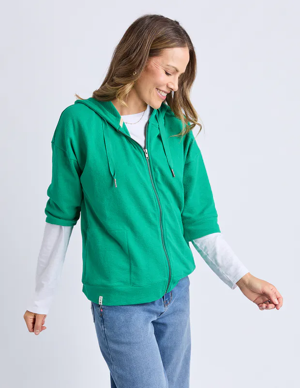 Model wearing Turquoise Beachy Zip Hoodie By Elm Available at Beetees Nelson