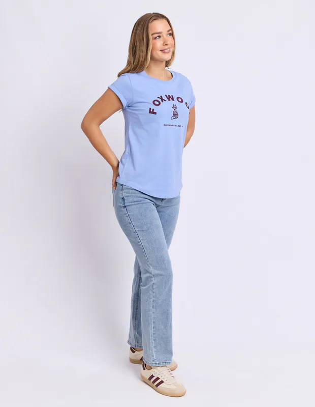 Model wearing Cornflower Blue Effortless Contrast Tee By Foxwood Available at Beetees Nelson