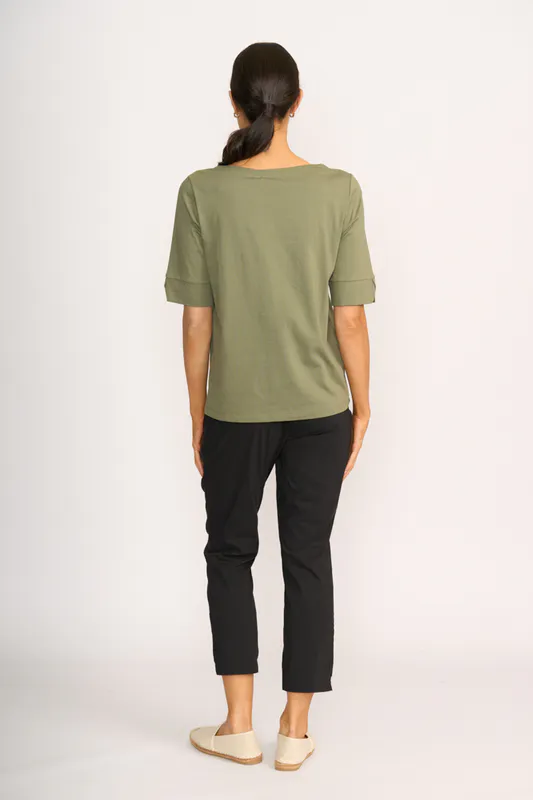 Model wearing Sage Tee - Wide Neck, Elbow Sleeve By Esplanade Available at Beetees Nelson