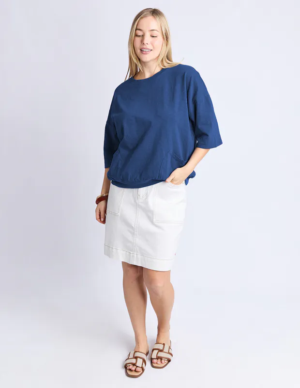 Model wearing Blue Mazie Sweat By Elm available at Beetees Nelson
