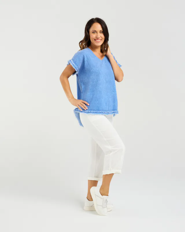 Model wearing Blue Lilah Top By Seduce Available at Beetees Nelson