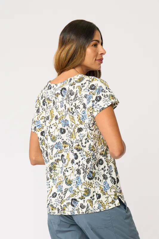 Model wearing Folk Story Seams Sew Top By Foil Available at Beetees Nelson