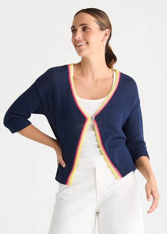 Model wearing Navy Crochet Trim Cardi By Zaket & Plover Available at Beetees Nelson