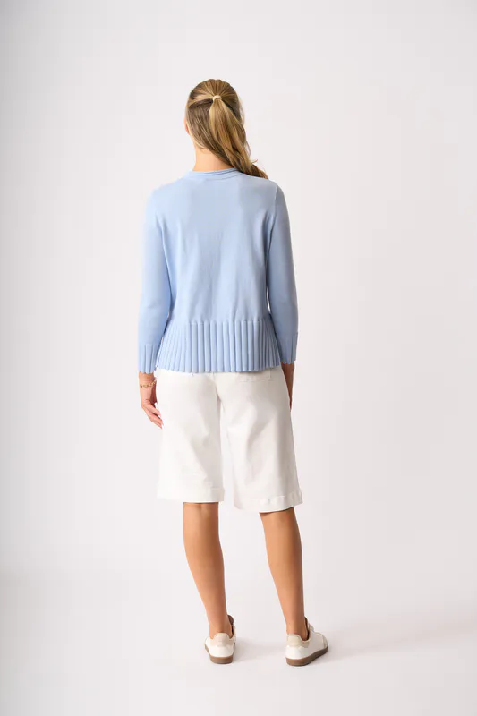 Model wearing Sky Blue Best Feature Cardigan By Foil Available at Beetees Nelson