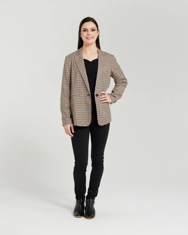 Model wearing Black Brown Check Emma Jacket By Zafina Available at Beetees Nelson