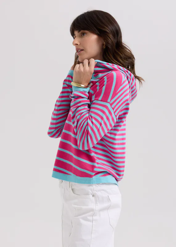 Model wearing Aqua Multi Stripe Hoodie By LD + CO Available at Beetees Nelson