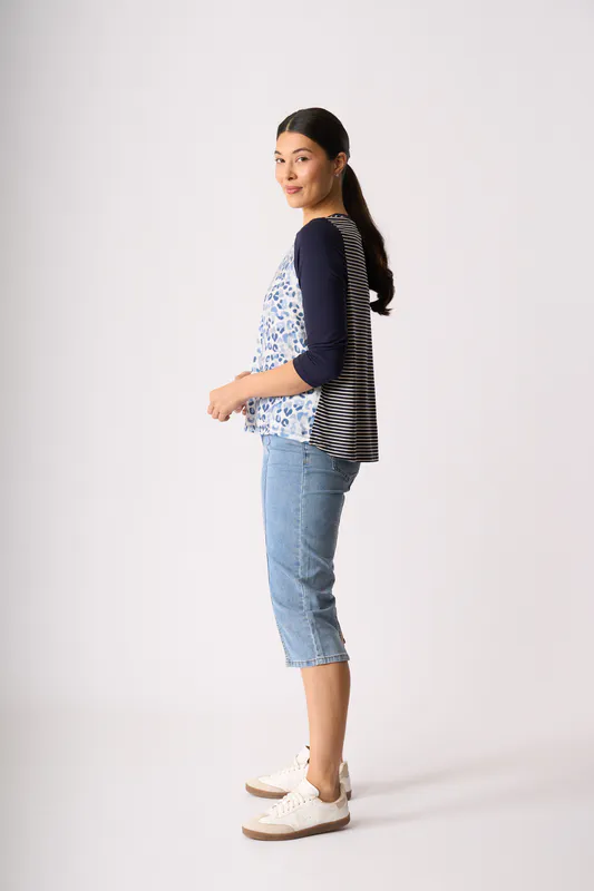 Model wearing Denim Roar Top - Relaxed Fit, Contrast Front By Memo Available at Beetees Nelson