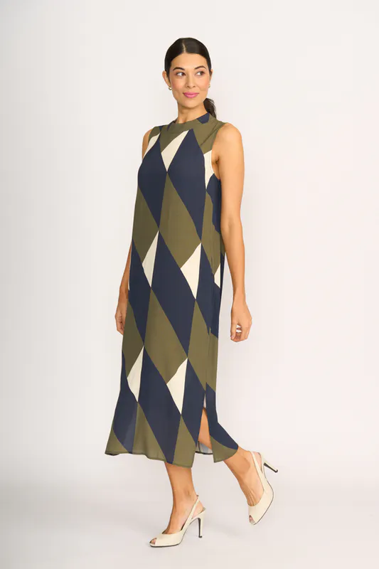 Model wearing Geo Side Split Dress By Foil Available at Beetees Nelson