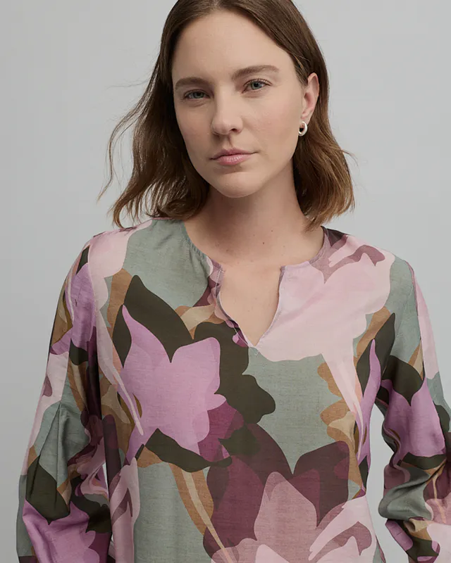 Model wearing Mystical Print Mystical Blouse By Yarra Trail Available at Beetees Nelson