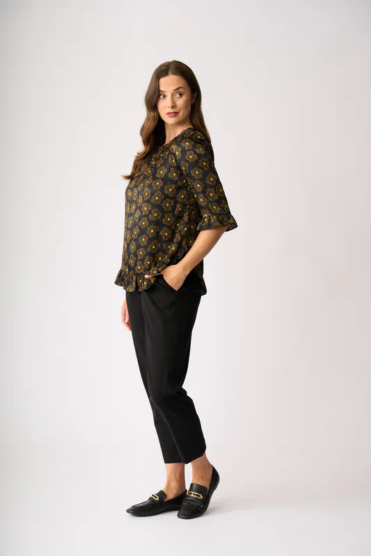 Model wearing Khaki Floral Gathered Scoop Hem Top By Foil Available at Beetees Nelson