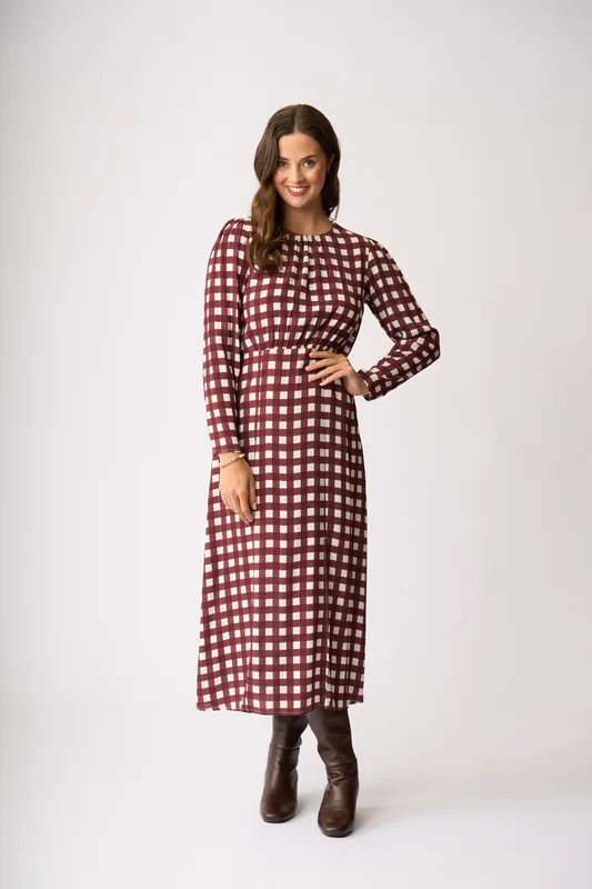 Model wearing Cocoa Check Gathered Detail Maxi Dress By Foil Available at Beetees Nelson