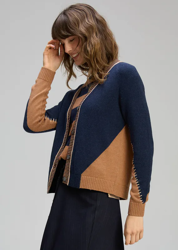 Model wearing Cinnamon Dual Sitch Cardi By Zaket & Plover Available at Beetees Nelson