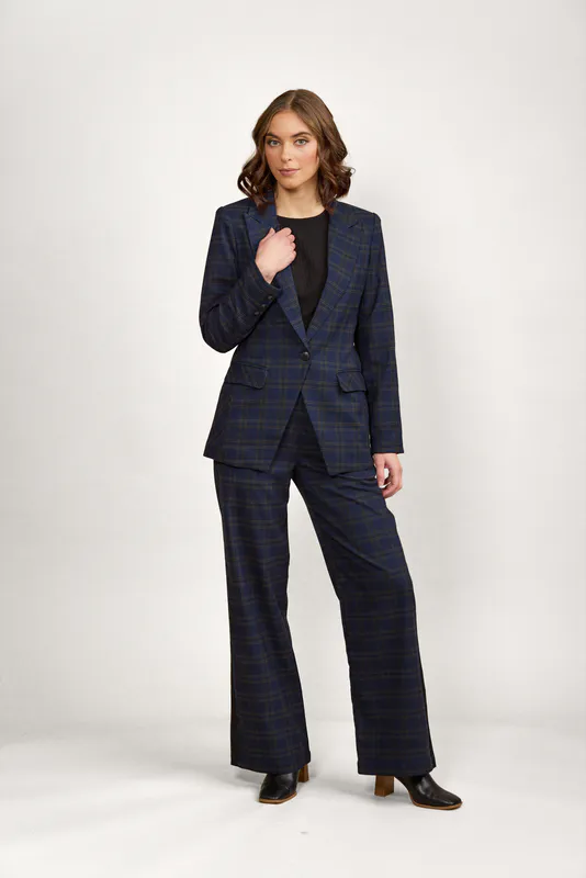 Model wearing Indie Check Como Blazer By Knewe Available at Beetees Nelson
