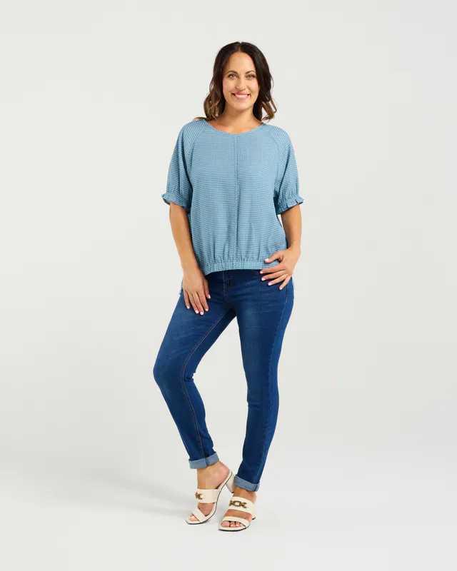 Model wearing Blue Ella Top By Zafina Available at Beetees Nelson