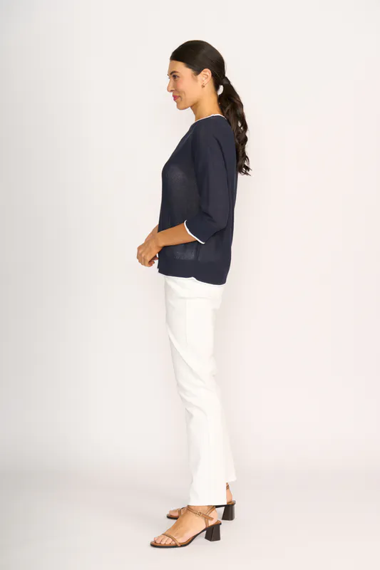 Model wearing Navy & White Contrast Edge Jumper By OH Three Available at Beetees Nelson
