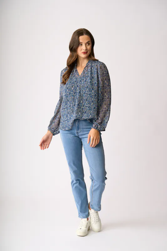 Model wearing Aqua Geo Shirred Yoke Blouse By Memo Available at Beetees Nelson