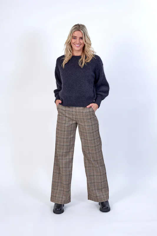 Model wearing Twig Check Coloured Como Wide Pant By Knewe Available at Beetees Nelson