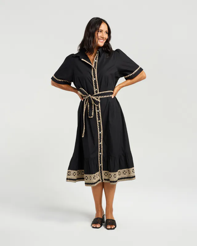 Model wearing Black Ginny Dress By NMBR Rose Available at Beetees Nelson