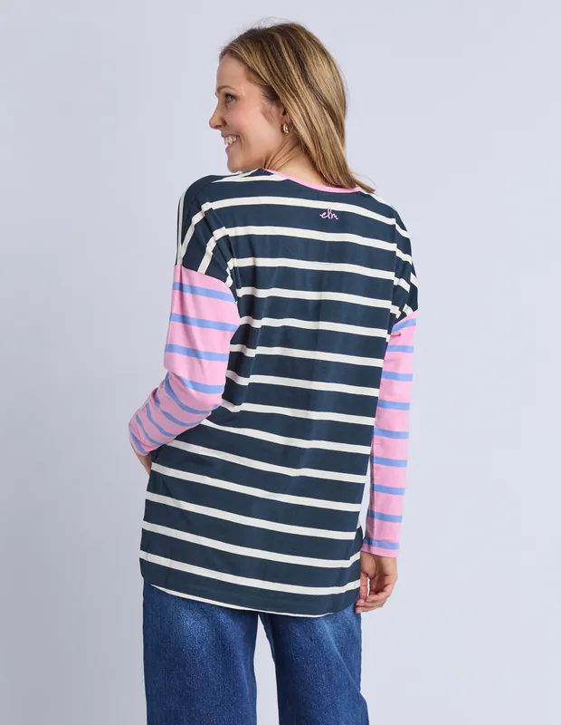 Model wearing Navy/Pink Marta Stripe Long Sleeve Tee By Elm Available at Beetees Nelson