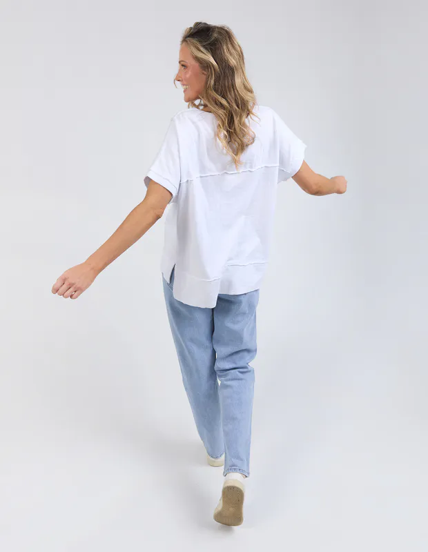 Model wearing white Allison Tee By Foxwood Available at Beetees Nelson