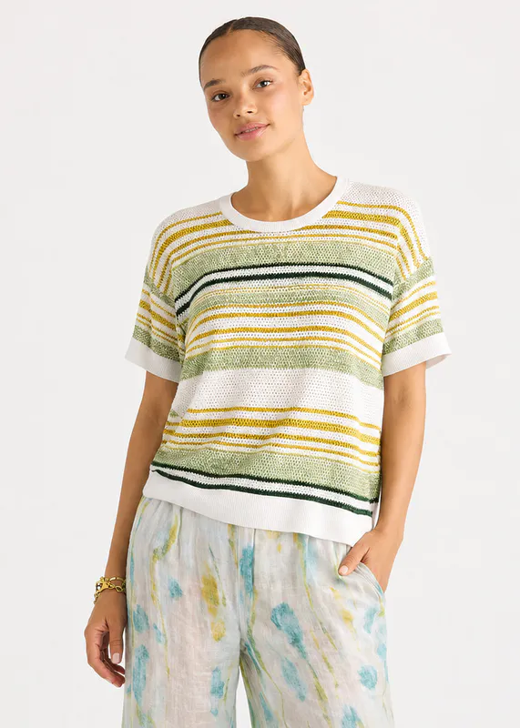 Model wearing White Stripe Lace Top By LD + CO Available at Beetees Nelson