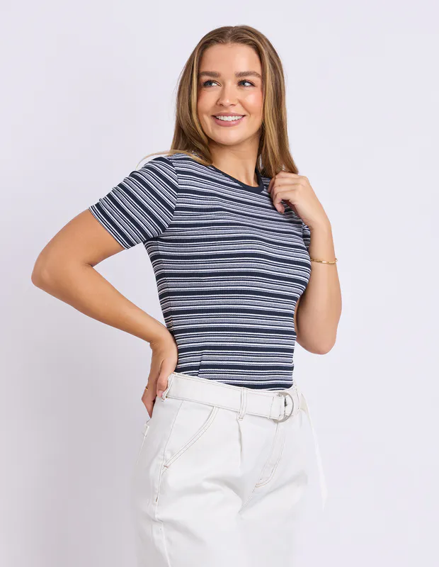 Model wearing Navy Leona Rib Top By Foxwood Available at Beetees Nelson