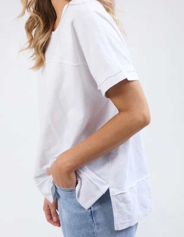 Model wearing white Allison Tee By Foxwood Available at Beetees Nelson