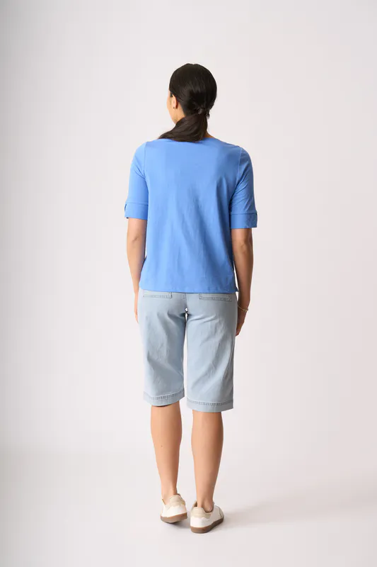 Model wearing Bluebird Tee - Wide Neck, Elbow Sleeve By Esplanade Available at Beetees Nelson