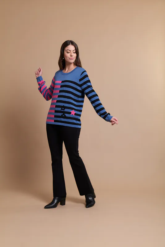 Model wearing Sweater - Stars & Stripes By Foil Available at Beetees Nelson