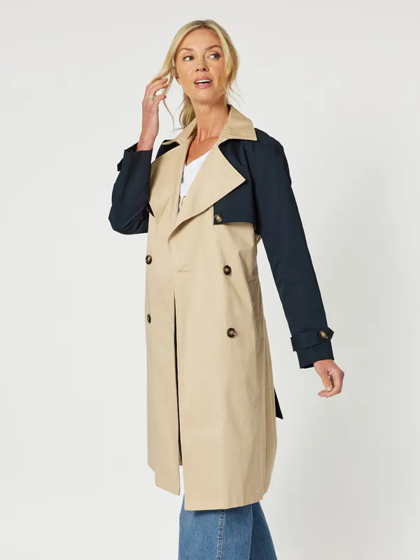 Model wearing Navy/Natural Bree Trench Coat By Gordon Smith Available at Beetees Nelson