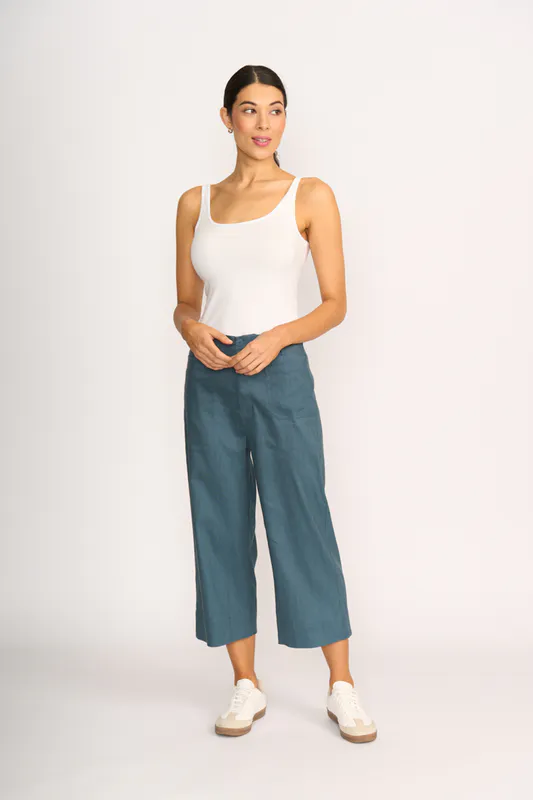 Model wearing Steel Trousers - Wide Leg, Mid Length By Oh Three Available at Beetees Nelson