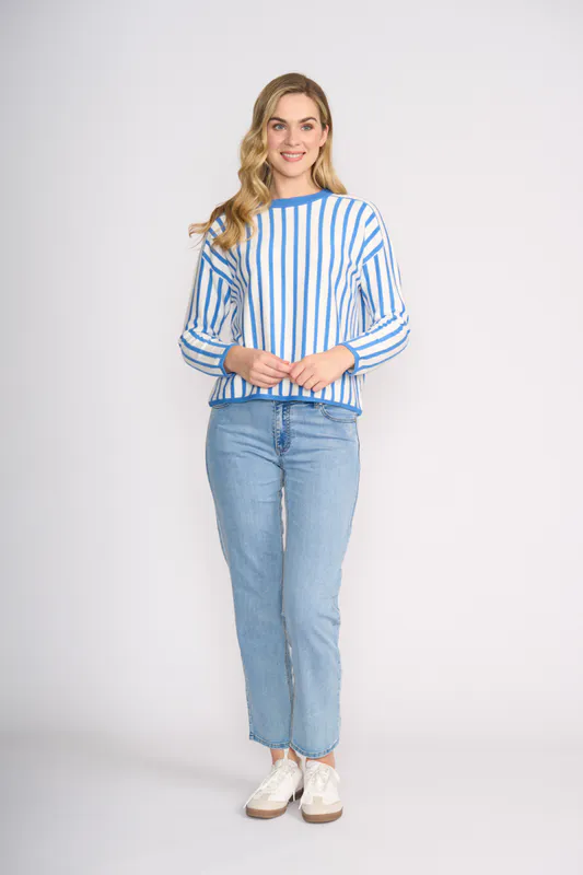 Model wearing Ocean Marle Snow Stripe Along Jumper By Memo Available at Beetees Nelson