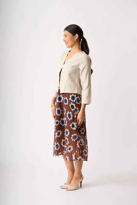 Model wearing String Gather Again Jacket By Foil Available at Beetees Nelson