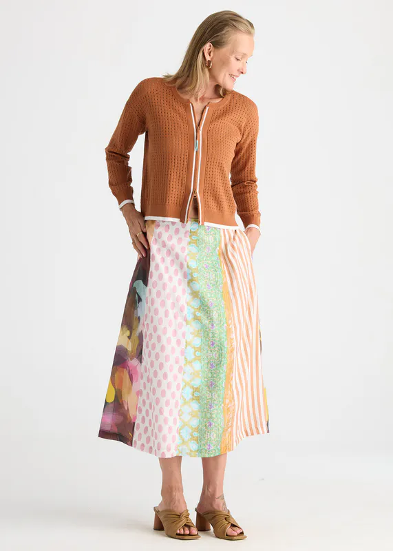 Model wearing Toffee Pointelle Zip Cardi By Zaket & Plover Available at Beetees Nelson