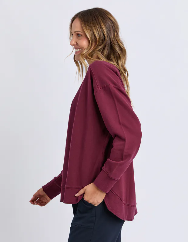 Model wearing Plum Established Crew By Elm Available at Beetees Nelson