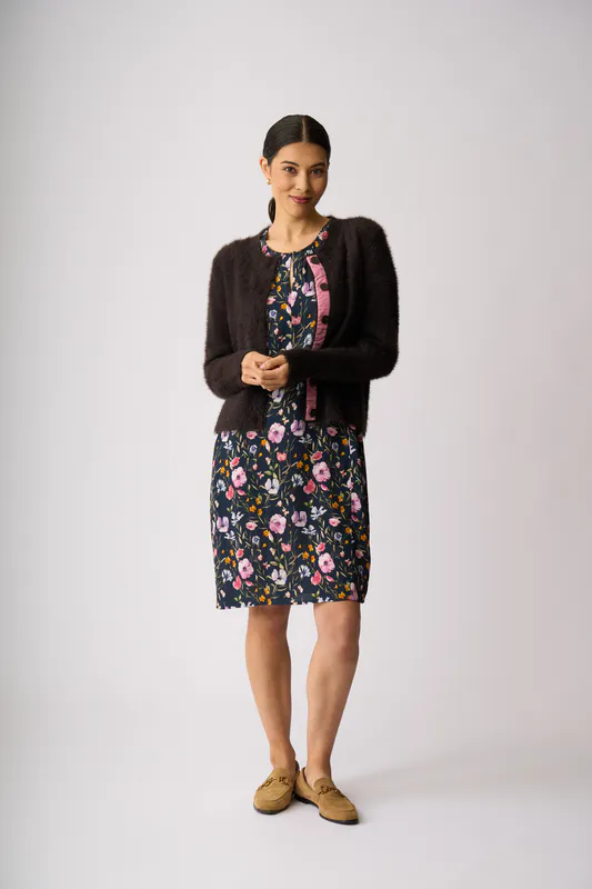 Model wearing Chocolate Fluffy Scoop Cardigan By Foil Available at Beetees Nelson