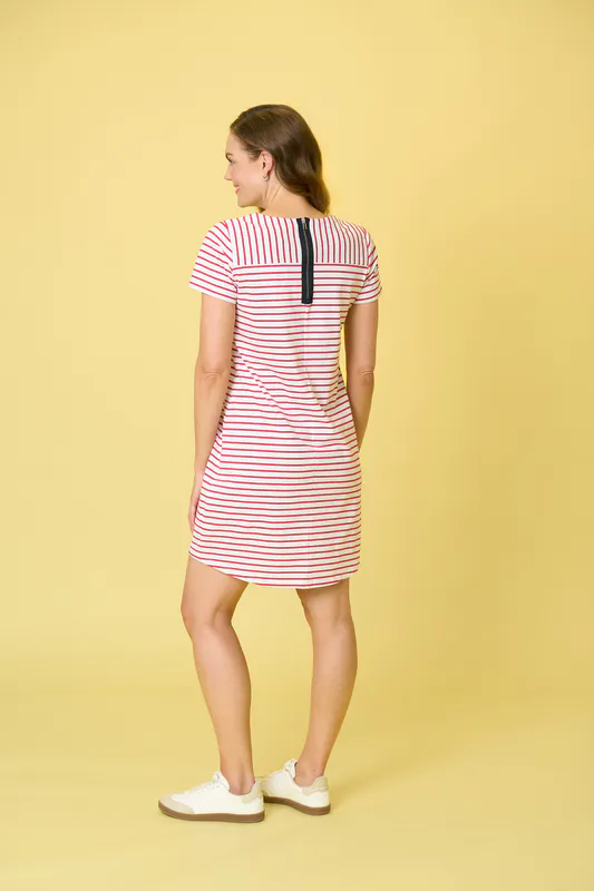 Model wearing White/Raspberry Stripe Milford Dress By Charlie Jane Available at Beetees Nelson