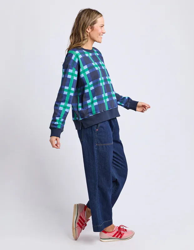 Model wearing Blue Check Bari Crew By Elm Available at Beetees Nelson