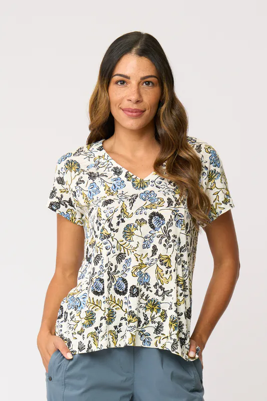 Model wearing Folk Story Seams Sew Top By Foil Available at Beetees Nelson