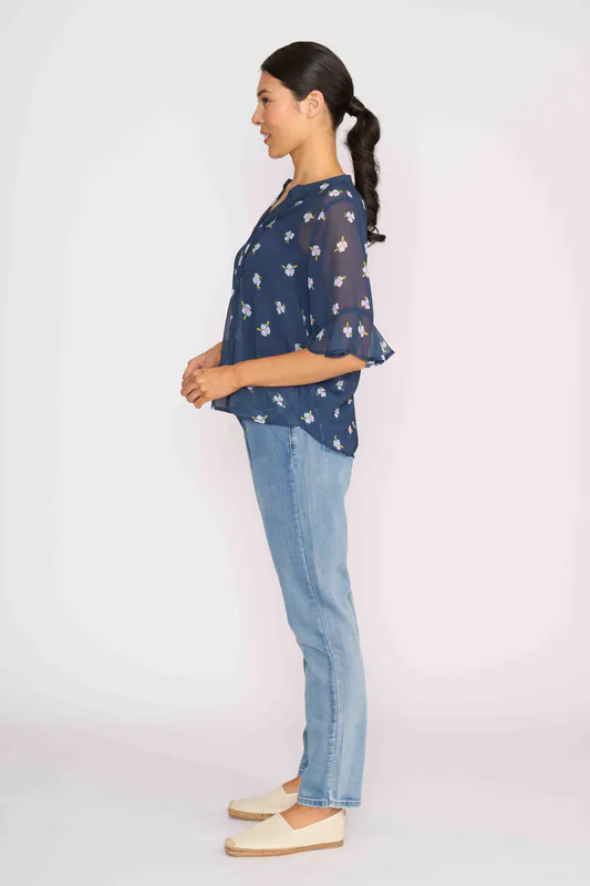 Model wearing Navy Floral Shirt - Romantic Sleeve By Memo Available at Beetees Nelson