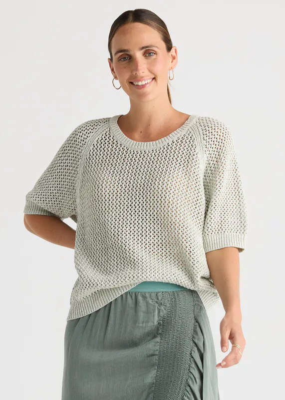 Model wearing Sage Colour Mix Top By LD + CO Available at Beetees Nelson